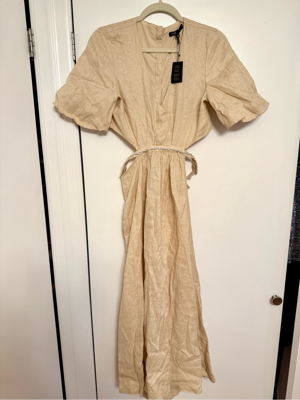 Maje Rivague Linen Pearl Cut out Midi Dress 6 Sz 38 NEW NWT - Picture 7 of 13